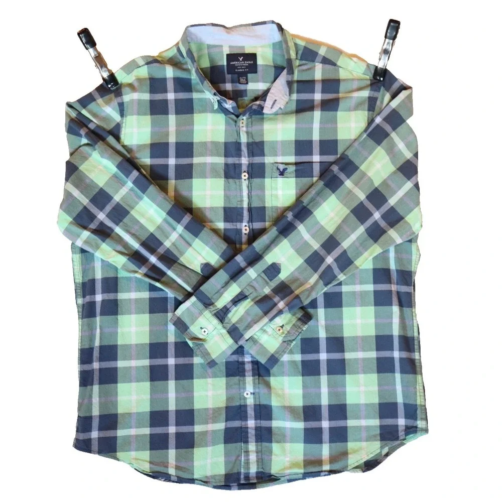 American Eagle Mens XL Classic Fit Long Sleeve Plaid Button Down Shirt Green - Picture 2 of 8